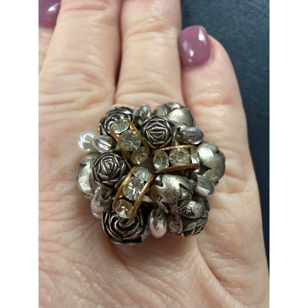 Boho Floral Cluster Ring size 6 Rose Beads Rhinestone Statement Cottagecore